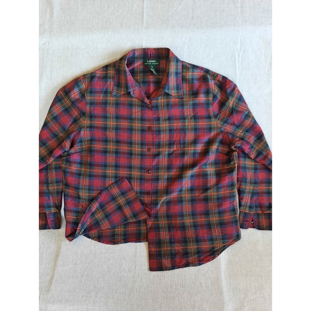 Lauren Ralph Lauren Womens 1X Plaid Embroider Logo Button Shirt Long Sleeve Silk